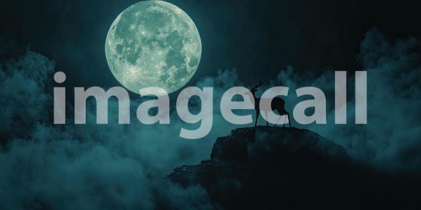 Majestic Deer Silhouette in Moonlight: Mystical Scene with a Deer on a Rocky Outcrop, Illuminated by a Bright Full Moon and Surrounded by Mist