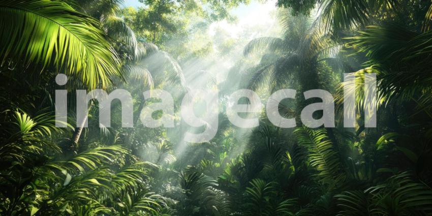 Sunlit Tropical Rainforest: Dense Foliage and Tall Trees with Beams of Light Penetrating Through the Canopy