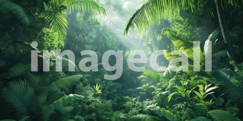 Sunlit Tropical Rainforest: Dense Foliage and Tall Trees with Beams of Light Penetrating Through the Canopy