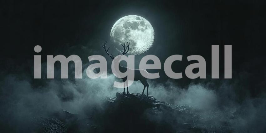 Majestic Deer Silhouette in Moonlight: Mystical Scene with a Deer on a Rocky Outcrop, Illuminated by a Bright Full Moon and Surrounded by Mist