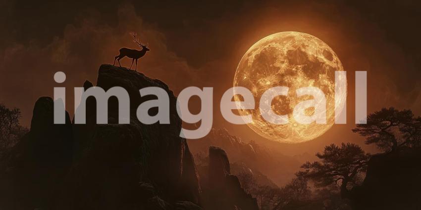 Majestic Deer Silhouette in Moonlight: Mystical Scene with a Deer on a Rocky Outcrop, Illuminated by a Bright Full Moon and Surrounded by Mist