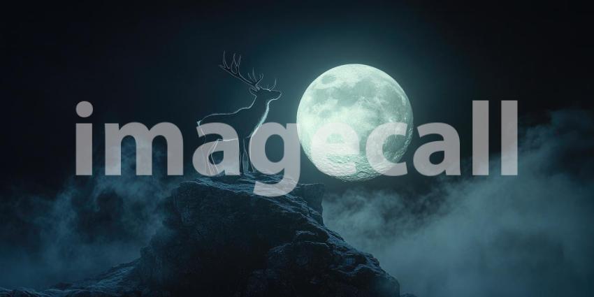Majestic Deer Silhouette in Moonlight: Mystical Scene with a Deer on a Rocky Outcrop, Illuminated by a Bright Full Moon and Surrounded by Mist