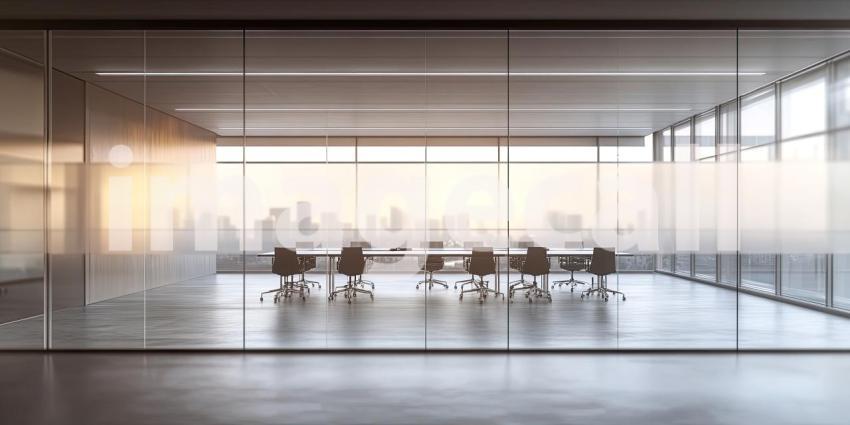 Modern Conference Room with Cityscape View: Professional Meeting Space Featuring a Long Table, Sleek Chairs, and Floor-to-Ceiling Windows Overlooking an Urban Skyline