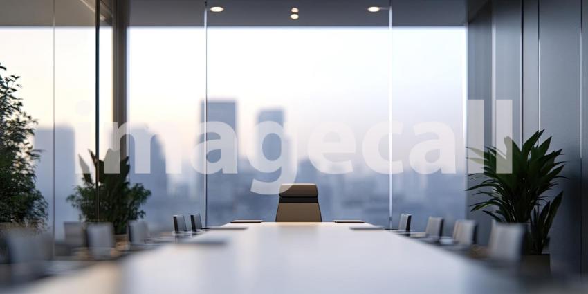 Modern Conference Room with Cityscape View: Professional Meeting Space Featuring a Long Table, Sleek Chairs, and Floor-to-Ceiling Windows Overlooking an Urban Skyline