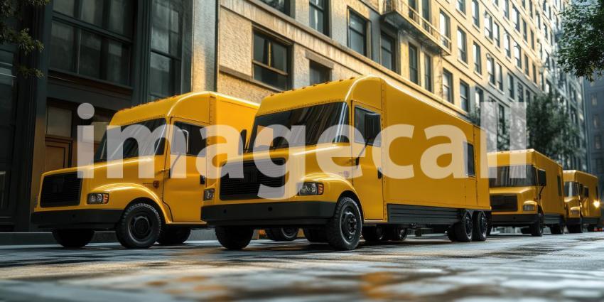 Row of Delivery Trucks in Urban Setting: Modern Vehicles Parked on a Wet Street Reflecting Their Vibrant Color, Against a Backdrop of a Contemporary Building