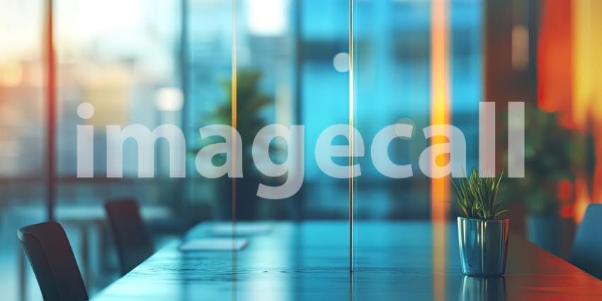 Modern Conference Room with Cityscape View: Professional Meeting Space Featuring a Long Table, Sleek Chairs, and Floor-to-Ceiling Windows Overlooking an Urban Skyline