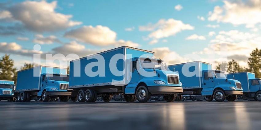 Row of Delivery Trucks in Urban Setting: Modern Vehicles Parked on a Wet Street Reflecting Their Vibrant Color, Against a Backdrop of a Contemporary Building