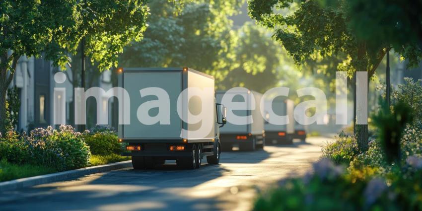 Row of Delivery Trucks in Urban Setting: Modern Vehicles Parked on a Wet Street Reflecting Their Vibrant Color, Against a Backdrop of a Contemporary Building