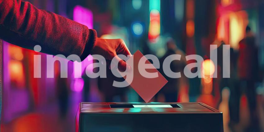 Hand Casting Vote into Ballot Box: Nighttime Urban Scene with Colorful Lights in Background, Capturing the Essence of Democracy and Civic Engagement