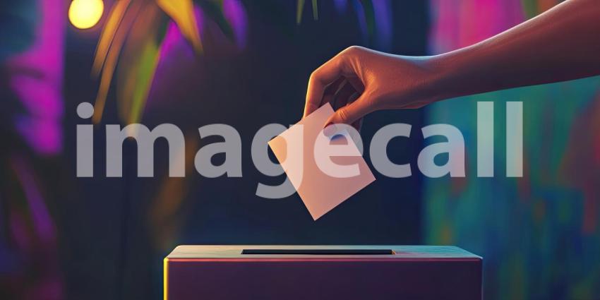 Hand Casting Vote into Ballot Box: Nighttime Urban Scene with Colorful Lights in Background, Capturing the Essence of Democracy and Civic Engagement