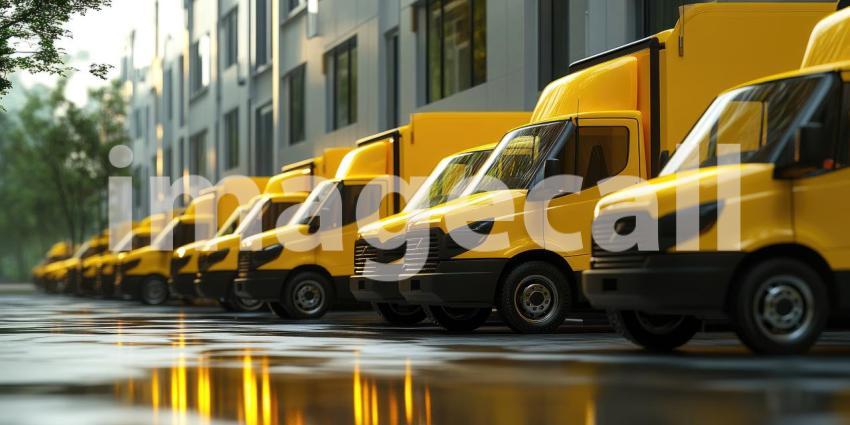 Row of Delivery Trucks in Urban Setting: Modern Vehicles Parked on a Wet Street Reflecting Their Vibrant Color, Against a Backdrop of a Contemporary Building