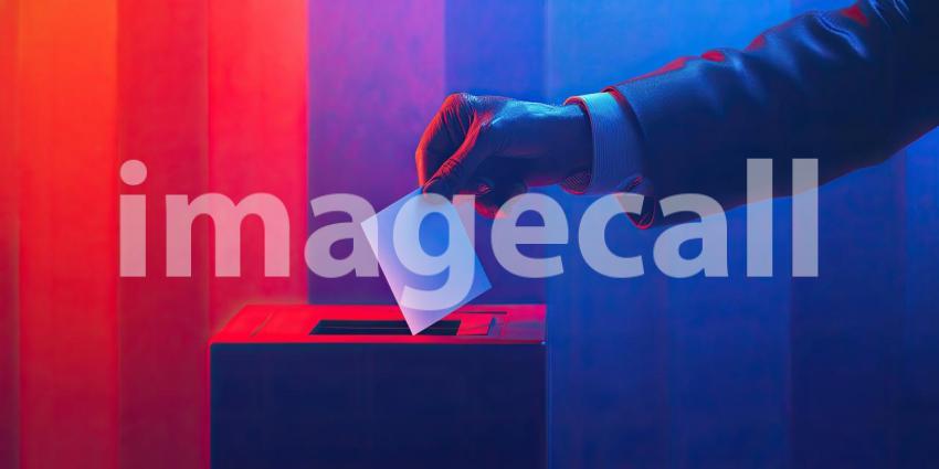 Hand Casting Vote into Ballot Box: Nighttime Urban Scene with Colorful Lights in Background, Capturing the Essence of Democracy and Civic Engagement
