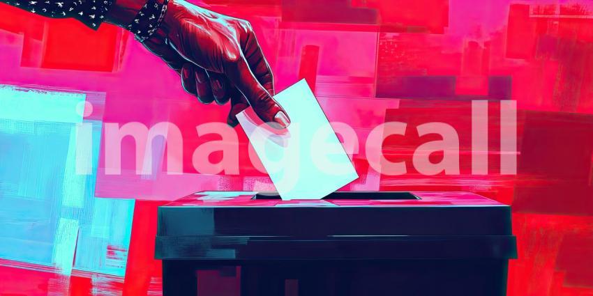 Hand Casting Vote into Ballot Box: Nighttime Urban Scene with Colorful Lights in Background, Capturing the Essence of Democracy and Civic Engagement