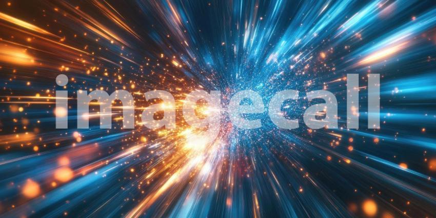 Vibrant Cosmic Explosion: Dynamic Burst of Blue and Orange Light Particles Radiating from a Central Point in Space