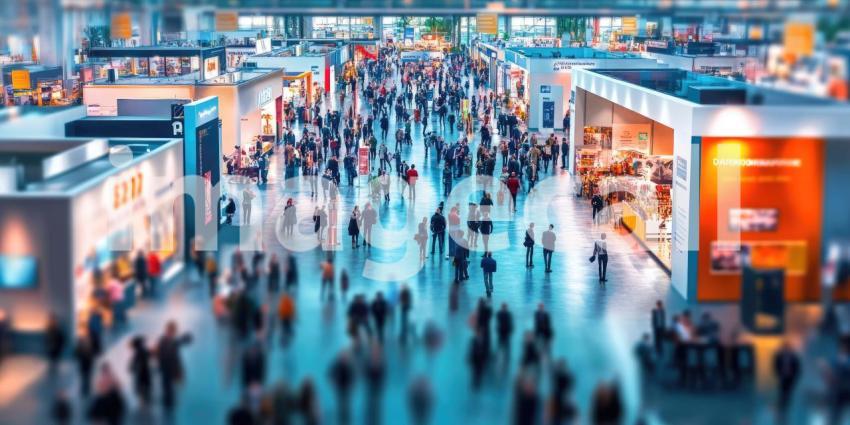 Bustling Trade Show: Crowded Exhibition Hall with Multiple Booths, Engaging Displays, and Numerous Attendees Exploring Business and Technology Offerings