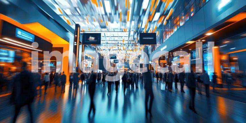 Bustling Trade Show: Crowded Exhibition Hall with Multiple Booths, Engaging Displays, and Numerous Attendees Exploring Business and Technology Offerings