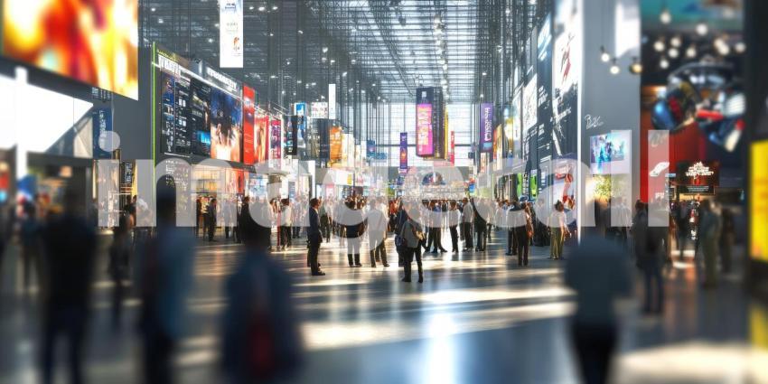 Bustling Trade Show: Crowded Exhibition Hall with Multiple Booths, Engaging Displays, and Numerous Attendees Exploring Business and Technology Offerings