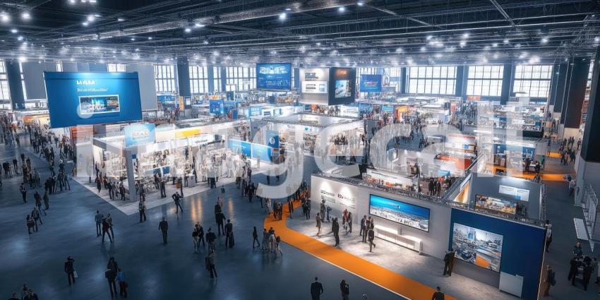 Bustling Trade Show: Crowded Exhibition Hall with Multiple Booths, Engaging Displays, and Numerous Attendees Exploring Business and Technology Offerings