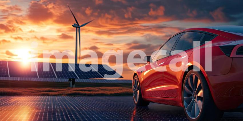 Sustainable Future: Modern Electric Car Parked on Solar Panels with Wind Turbines in the Background at Sunset