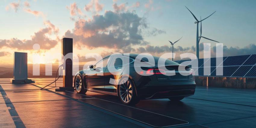 Sustainable Future: Modern Electric Car Parked on Solar Panels with Wind Turbines in the Background at Sunset