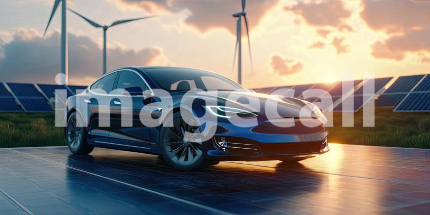 Sustainable Future: Modern Electric Car Parked on Solar Panels with Wind Turbines in the Background at Sunset