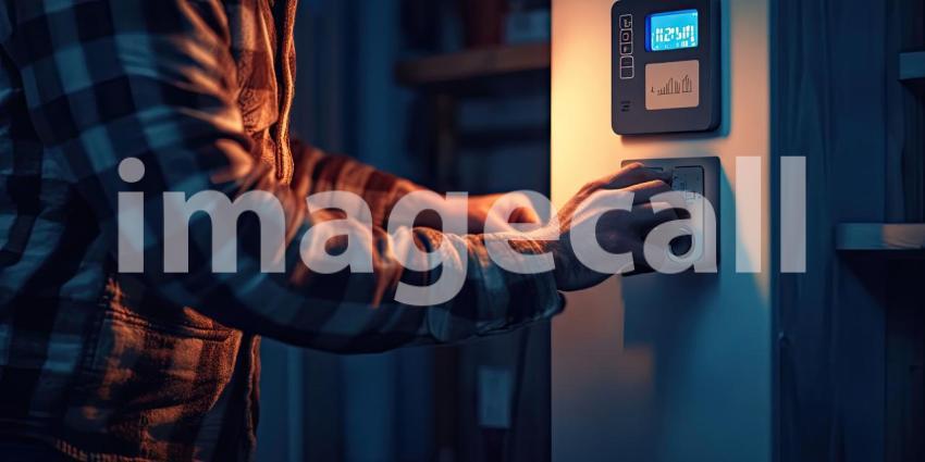 Industrial Worker Operating Control Panel: Person Wearing Hard Hat and High-Visibility Jacket Using a Card or Device on a Control Panel Screen