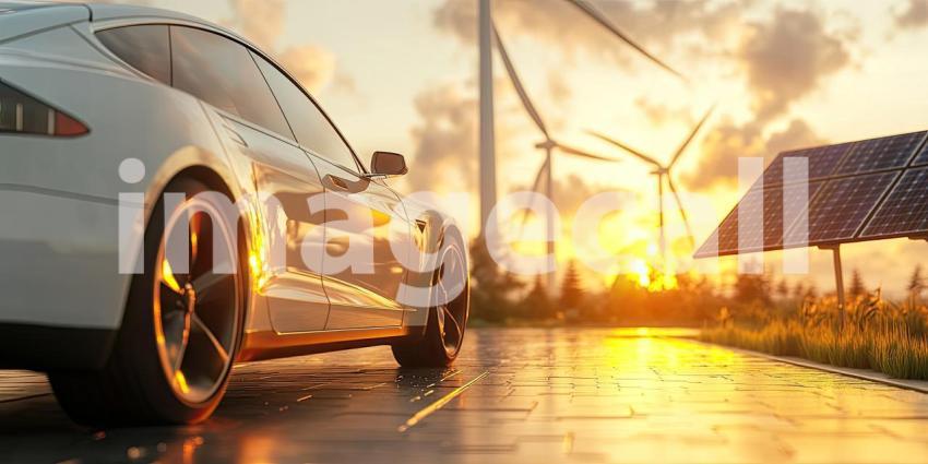 Sustainable Future: Modern Electric Car Parked on Solar Panels with Wind Turbines in the Background at Sunset