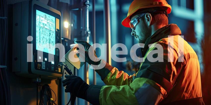 Industrial Worker Operating Control Panel: Person Wearing Hard Hat and High-Visibility Jacket Using a Card or Device on a Control Panel Screen