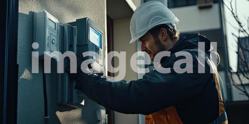 Industrial Worker Operating Control Panel: Person Wearing Hard Hat and High-Visibility Jacket Using a Card or Device on a Control Panel Screen