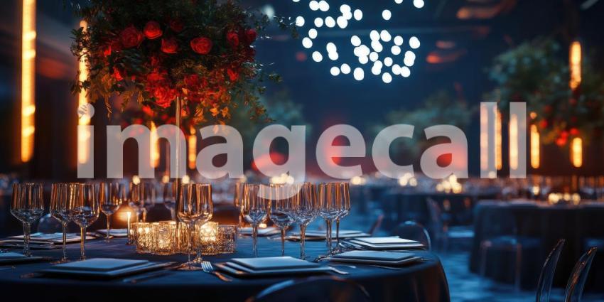 Elegant Dining Table Setup in Modern Event Space: Neatly Arranged Wine Glasses, Plates, Napkins, Cutlery, Candles, and Floral Centerpiece