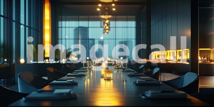 Elegant Dining Table Setup in Modern Event Space: Neatly Arranged Wine Glasses, Plates, Napkins, Cutlery, Candles, and Floral Centerpiece