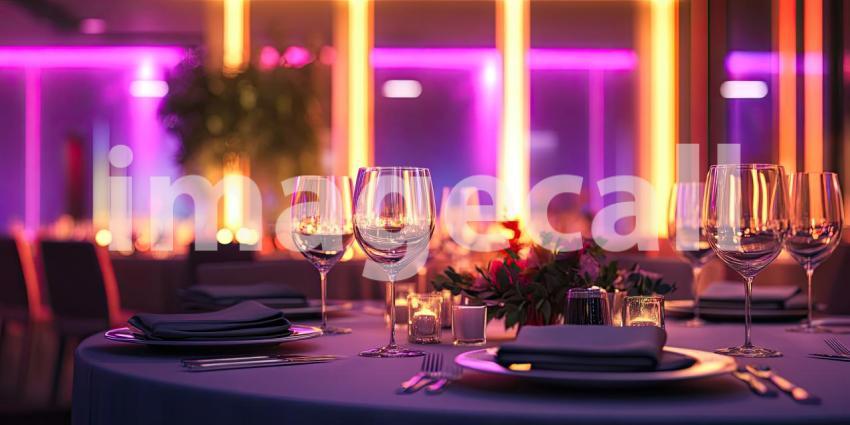 Elegant Dining Table Setup in Modern Event Space: Neatly Arranged Wine Glasses, Plates, Napkins, Cutlery, Candles, and Floral Centerpiece