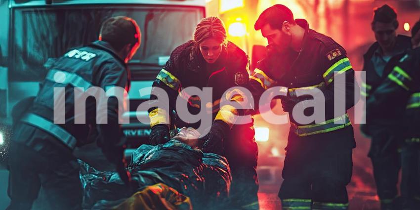 Heroic Firefighters in Action: Team of Brave Firefighters Rescuing an Injured Person Amidst Flames and Debris During a Chaotic Emergency Response