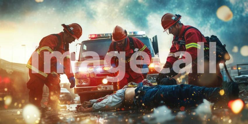 Heroic Firefighters in Action: Team of Brave Firefighters Rescuing an Injured Person Amidst Flames and Debris During a Chaotic Emergency Response