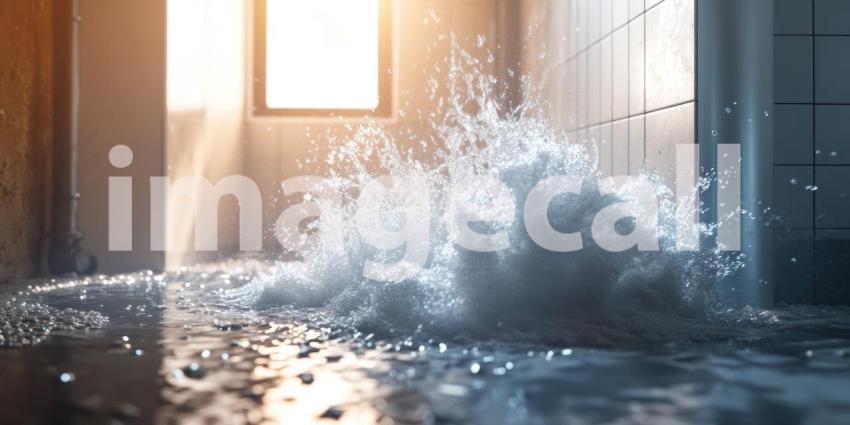 Water erupts in a dynamic explosion, sending a shower of droplets cascading through the air, capturing the raw power and unpredictable nature of the natural world