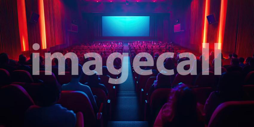 Crowded Movie Theater with People Seated Facing a Blank Screen in a Modern, Comfortable Setting with Blue and Orange Lighting