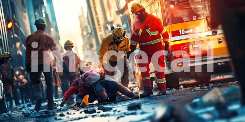 Heroic Firefighters in Action: Team of Brave Firefighters Rescuing an Injured Person Amidst Flames and Debris During a Chaotic Emergency Response