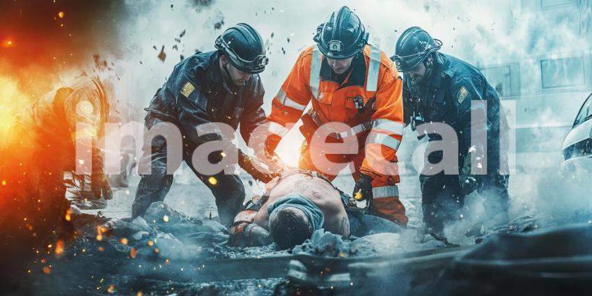 Heroic Firefighters in Action: Team of Brave Firefighters Rescuing an Injured Person Amidst Flames and Debris During a Chaotic Emergency Response