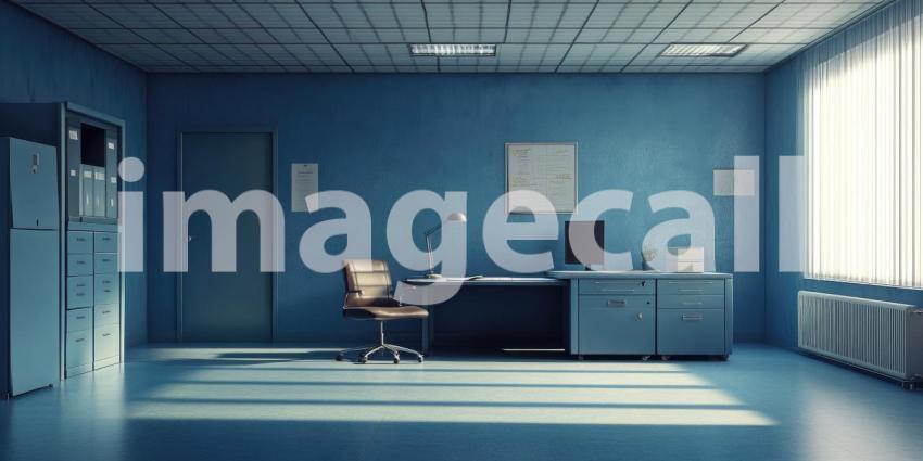 Sunlight streams through a large window, illuminating a modern office space with stylish furniture, lush plants, and a view of a serene landscape, creating an inspiring and inviting workspace