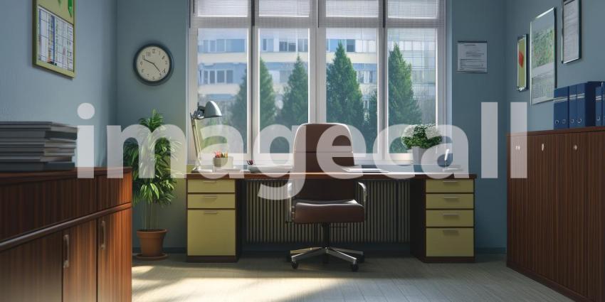 Sunlight streams through a large window, illuminating a modern office space with stylish furniture, lush plants, and a view of a serene landscape, creating an inspiring and inviting workspace