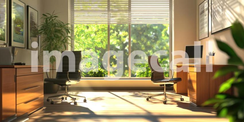 Sunlight streams through a large window, illuminating a modern office space with stylish furniture, lush plants, and a view of a serene landscape, creating an inspiring and inviting workspace