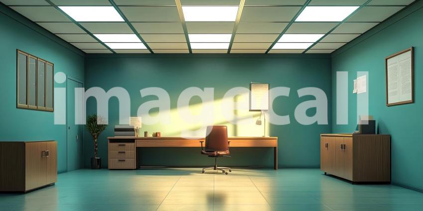 Sunlight streams through a large window, illuminating a modern office space with stylish furniture, lush plants, and a view of a serene landscape, creating an inspiring and inviting workspace