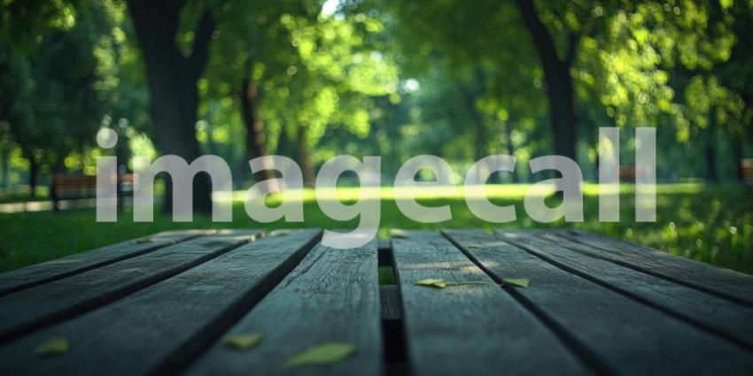 A weathered wooden table sits invitingly in the foreground of a sun-dappled park, with lush greenery and a winding path beckoning visitors to explore and enjoy the beauty of nature