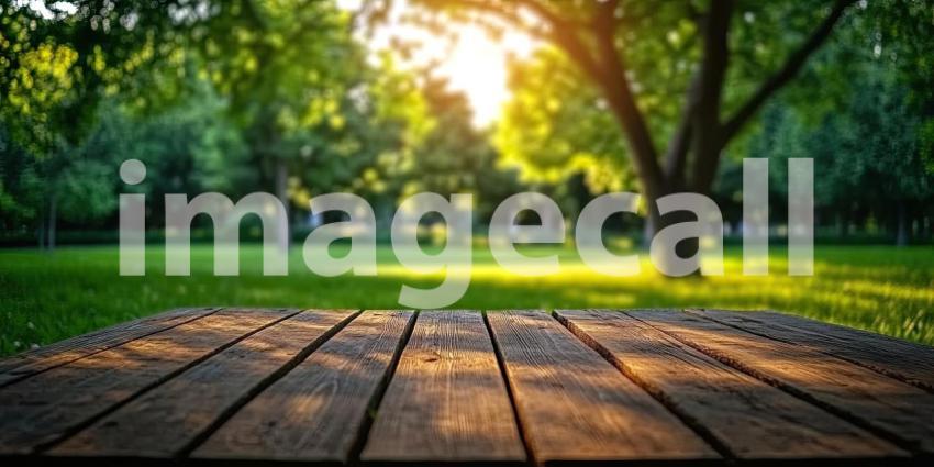 A weathered wooden table sits invitingly in the foreground of a sun-dappled park, with lush greenery and a winding path beckoning visitors to explore and enjoy the beauty of nature