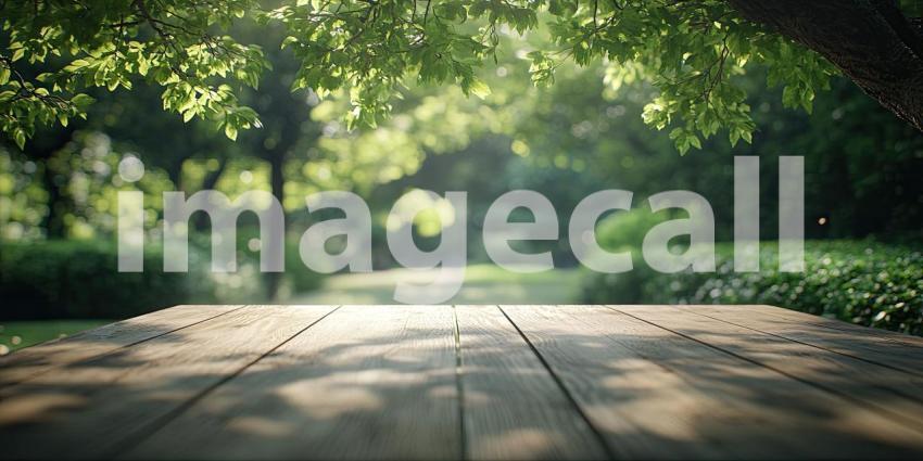 A weathered wooden table sits invitingly in the foreground of a sun-dappled park, with lush greenery and a winding path beckoning visitors to explore and enjoy the beauty of nature