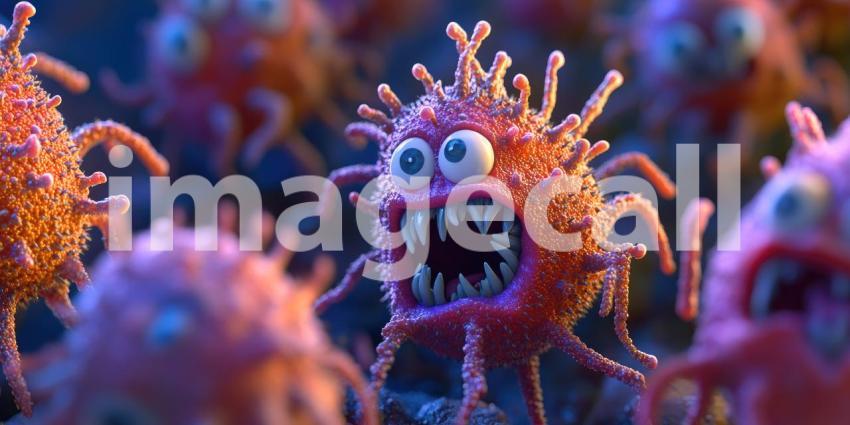 Cartoonish depiction of a coronavirus, its spikes resembling menacing tentacles and its expression one of pure aggression, serves as a lighthearted reminder of the ongoing battle against this invisible enemy