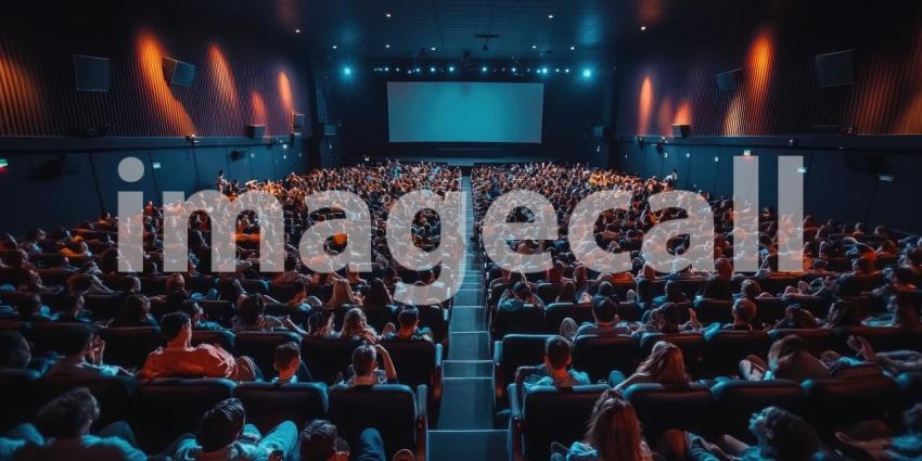 Crowded Movie Theater with People Seated Facing a Blank Screen in a Modern, Comfortable Setting with Blue and Orange Lighting