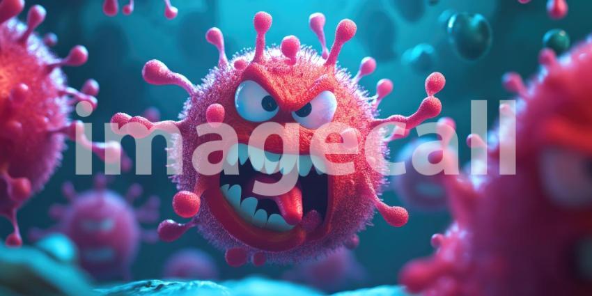 Cartoonish depiction of a coronavirus, its spikes resembling menacing tentacles and its expression one of pure aggression, serves as a lighthearted reminder of the ongoing battle against this invisible enemy