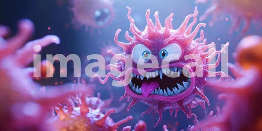 Cartoonish depiction of a coronavirus, its spikes resembling menacing tentacles and its expression one of pure aggression, serves as a lighthearted reminder of the ongoing battle against this invisible enemy