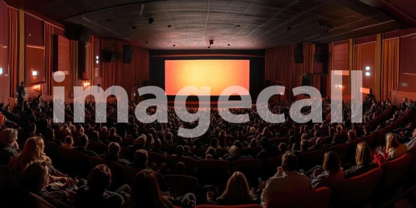 Crowded Movie Theater with People Seated Facing a Blank Screen in a Modern, Comfortable Setting with Blue and Orange Lighting